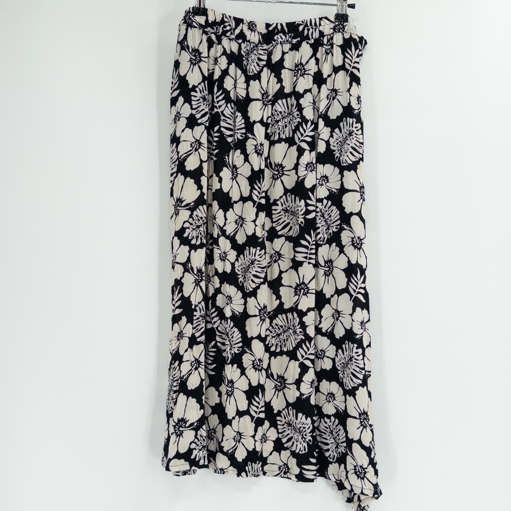 Vintage 90s Midi Skirt Womens XL Black Flowy Tropical Crinkle Japna Floral Beach